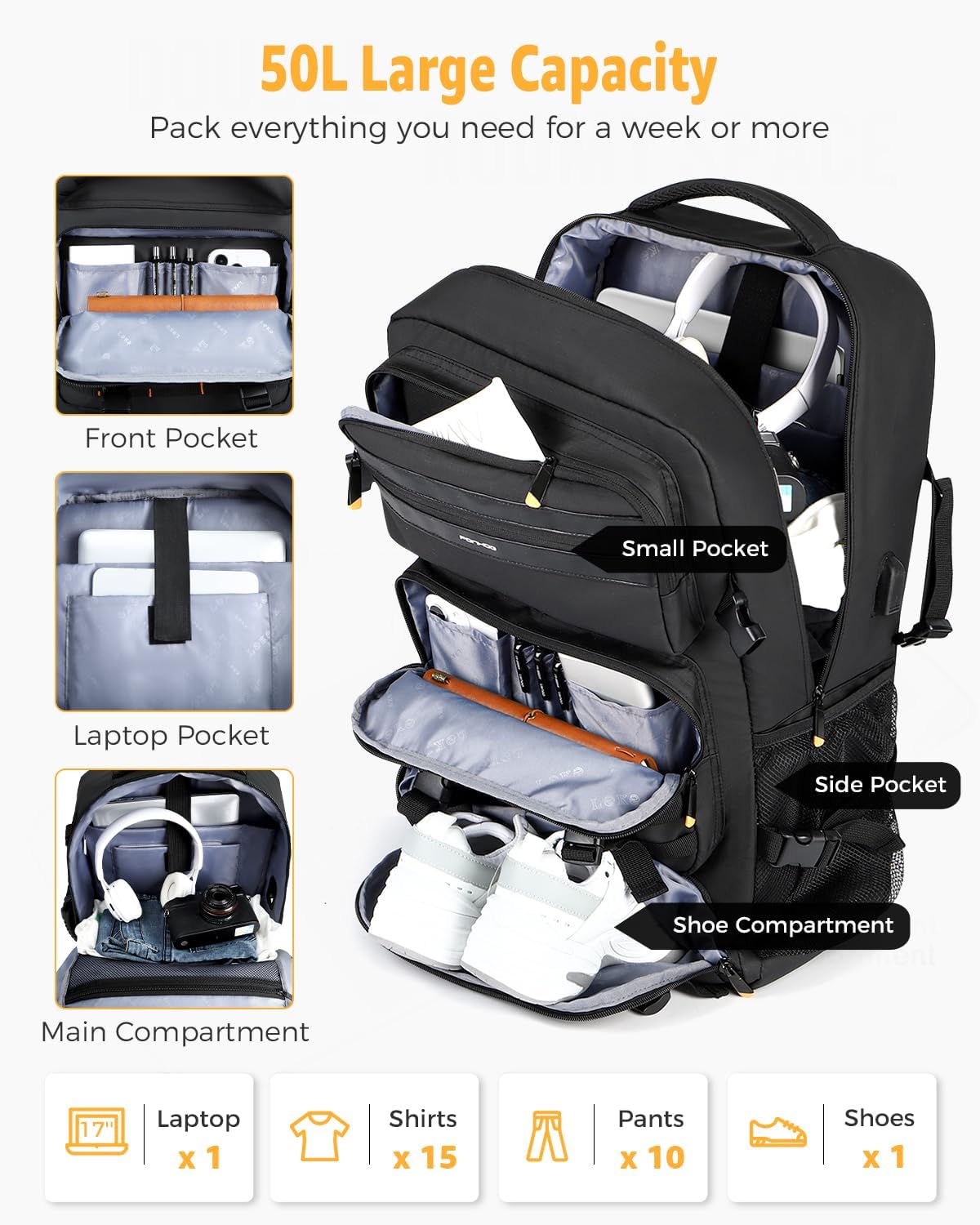 50L Convertible Travel Backpack with Shoe Compartment & USB Port – Travel, Outdoor