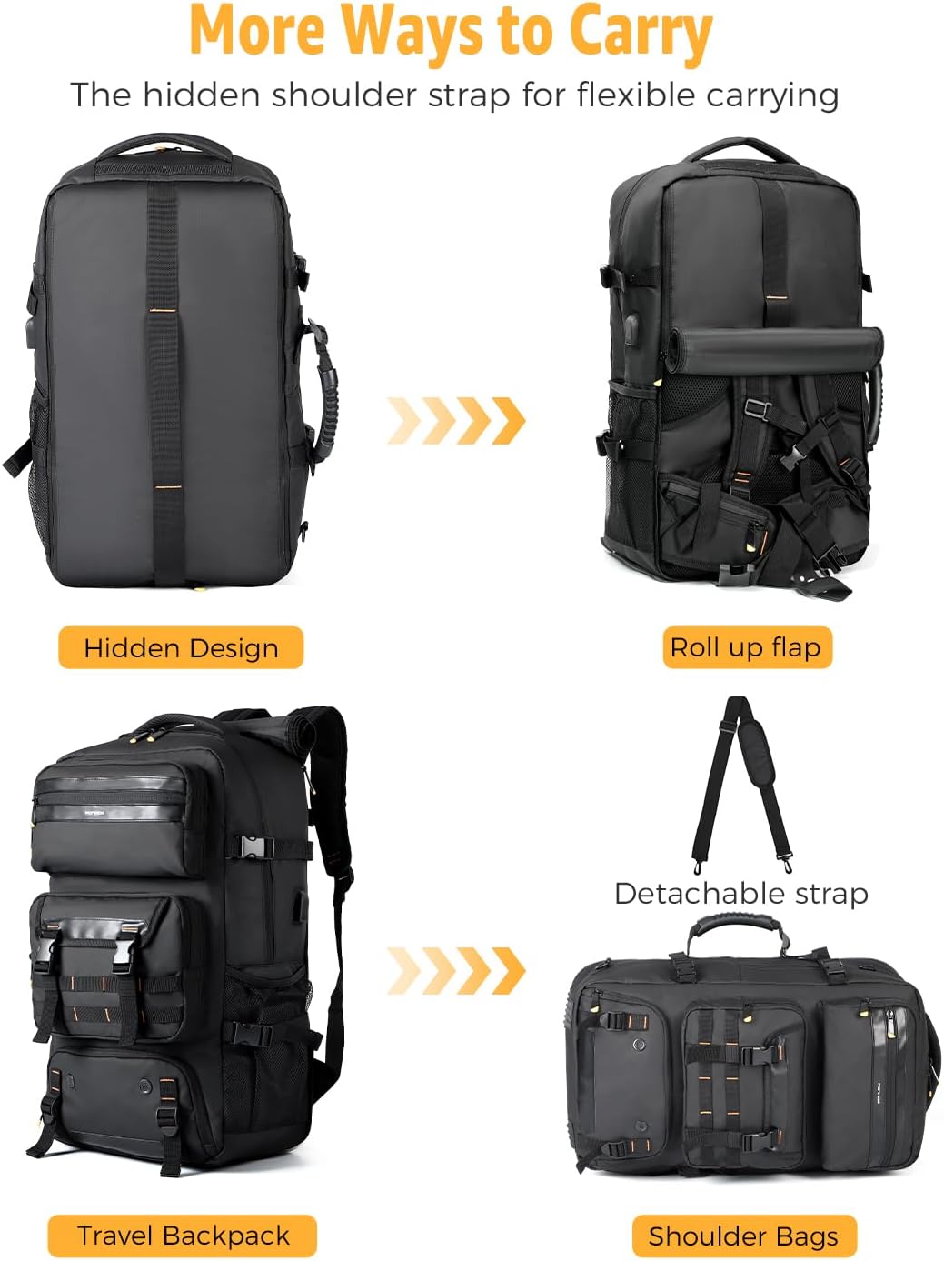 50L Convertible Travel Backpack with Shoe Compartment & USB Port – Travel, Outdoor