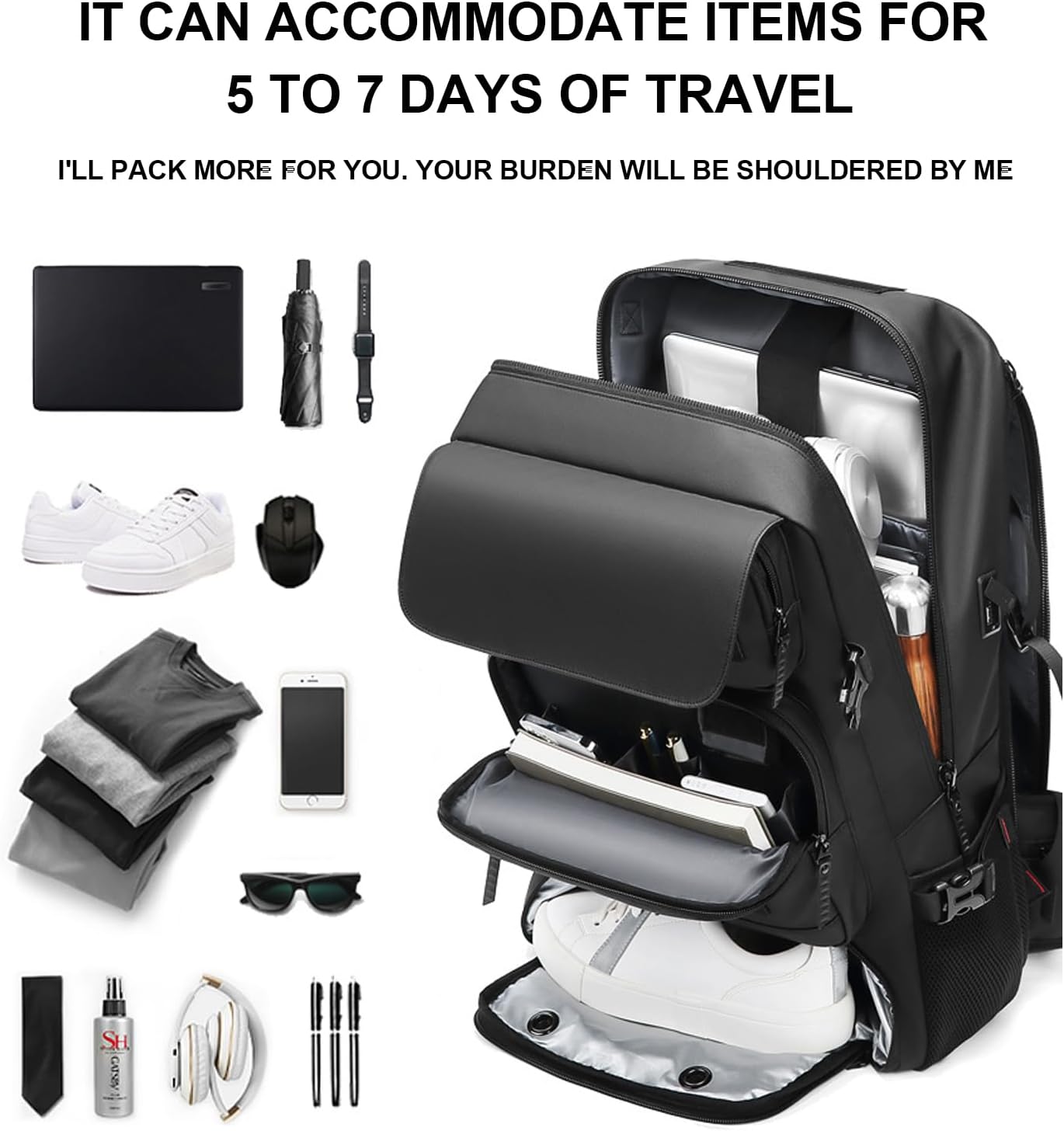 50L Waterproof Travel Backpack with Shoe Compartment & USB Port – Travel, Outdoor