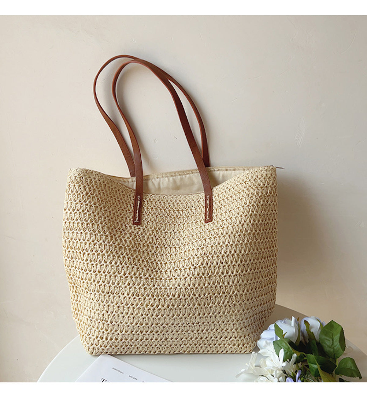 Rattan Woven Bag with Leather Straps – Beach, Everyday Use