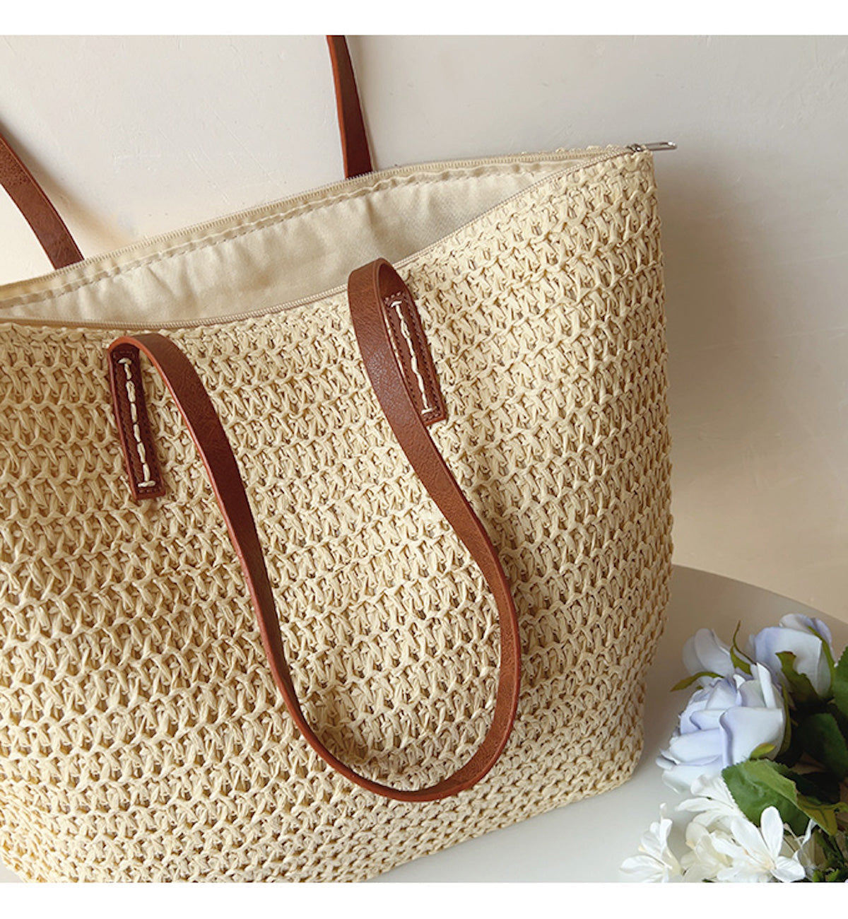 Rattan Woven Bag with Leather Straps – Beach, Everyday Use