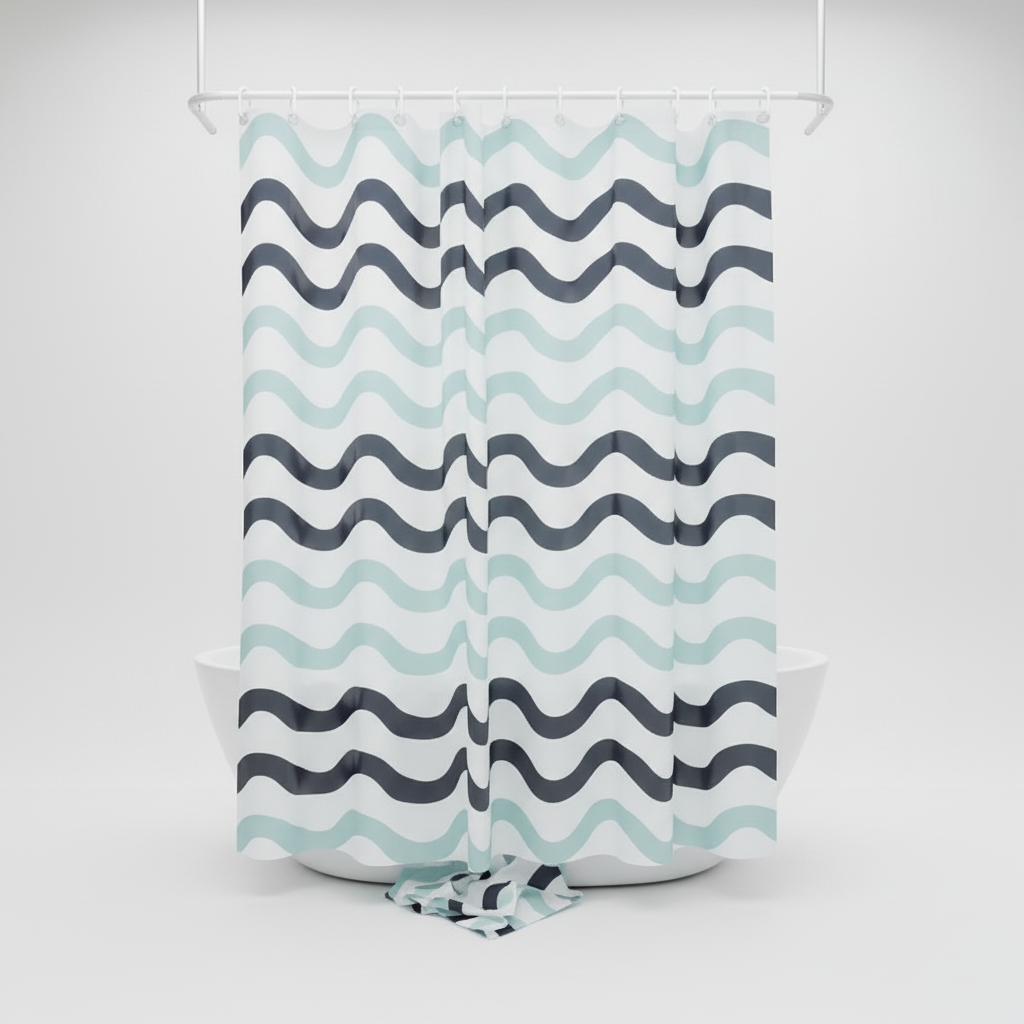 Reversible Shower Curtain – Fabric, Wave Design, Aqua – Bathroom, Home Decor