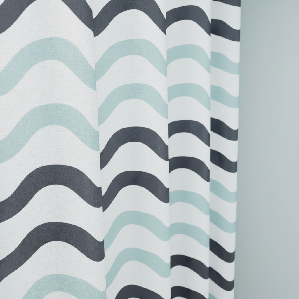 Reversible Shower Curtain – Fabric, Wave Design, Aqua – Bathroom, Home Decor