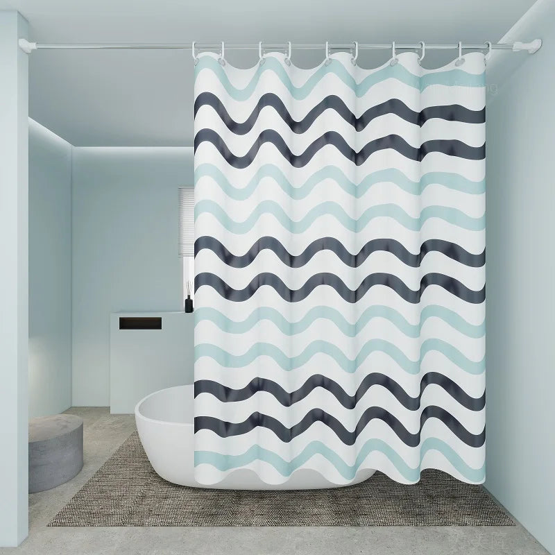 Reversible Shower Curtain – Fabric, Wave Design, Aqua – Bathroom, Home Decor