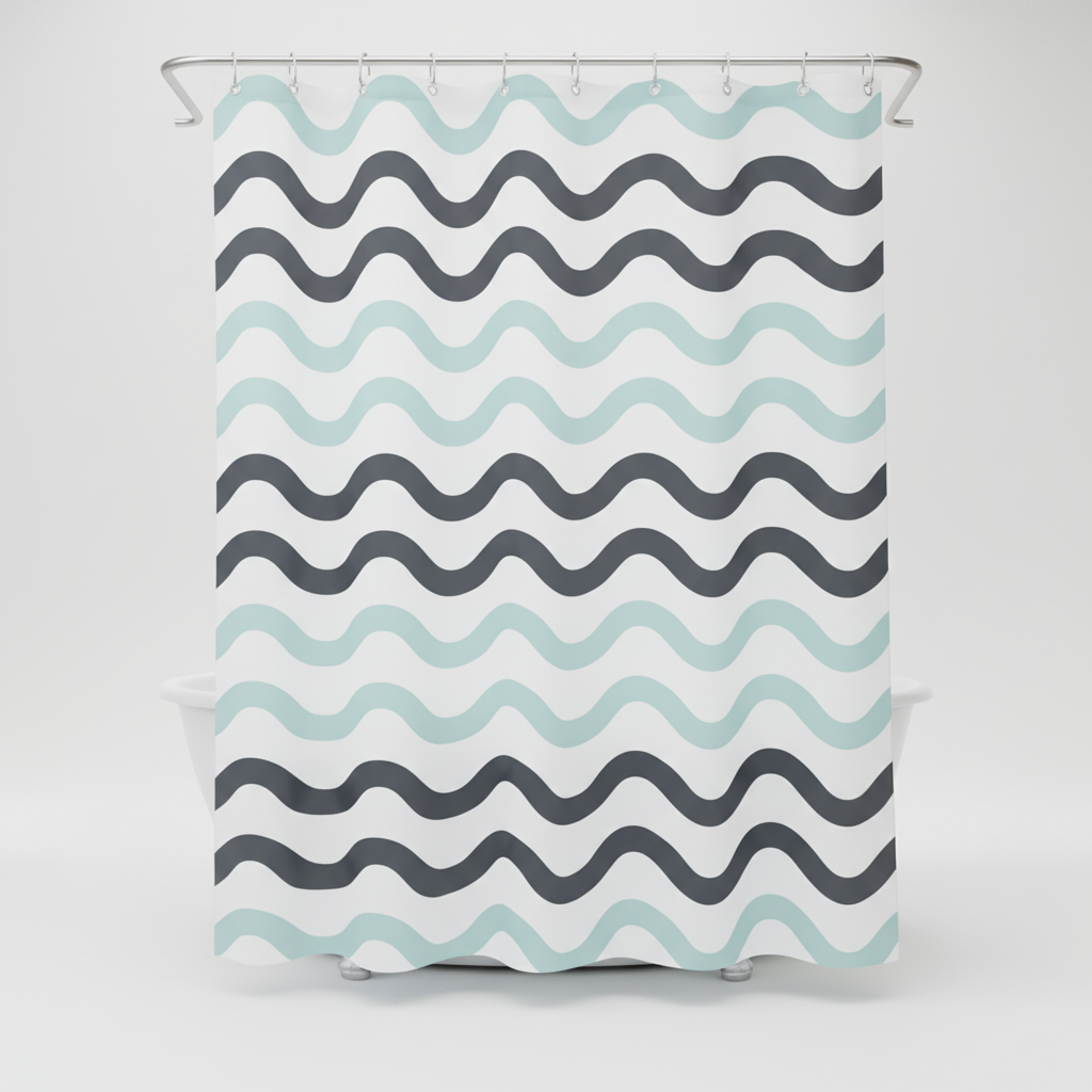 Reversible Shower Curtain – Fabric, Wave Design, Aqua – Bathroom, Home Decor
