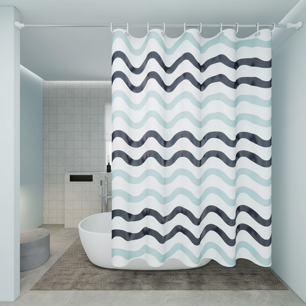 Reversible Shower Curtain – Fabric, Wave Design, Aqua – Bathroom, Home Decor