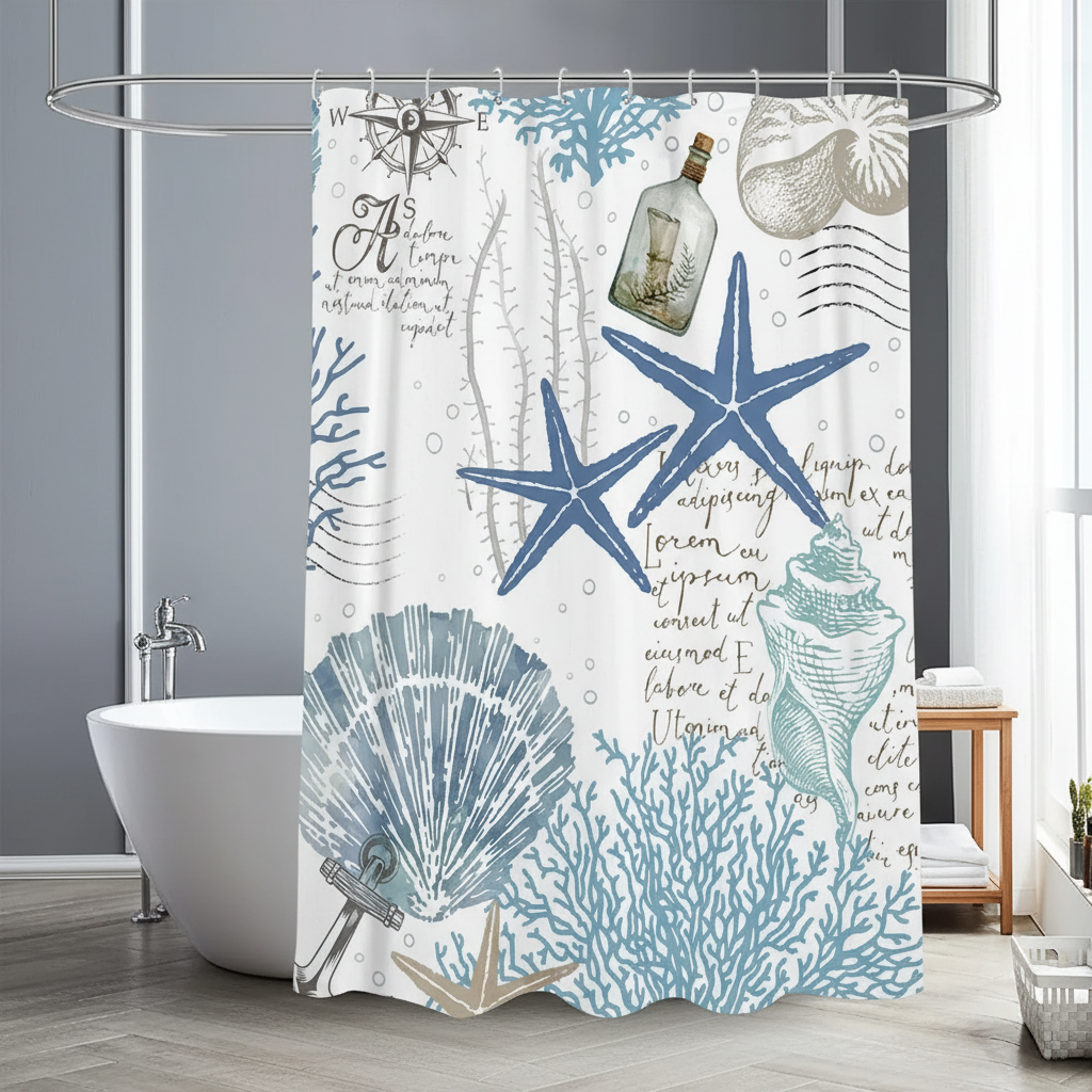 Water-Repellent Shower Curtain - Polyester, Starfish Design – Bathroom, Home Decor