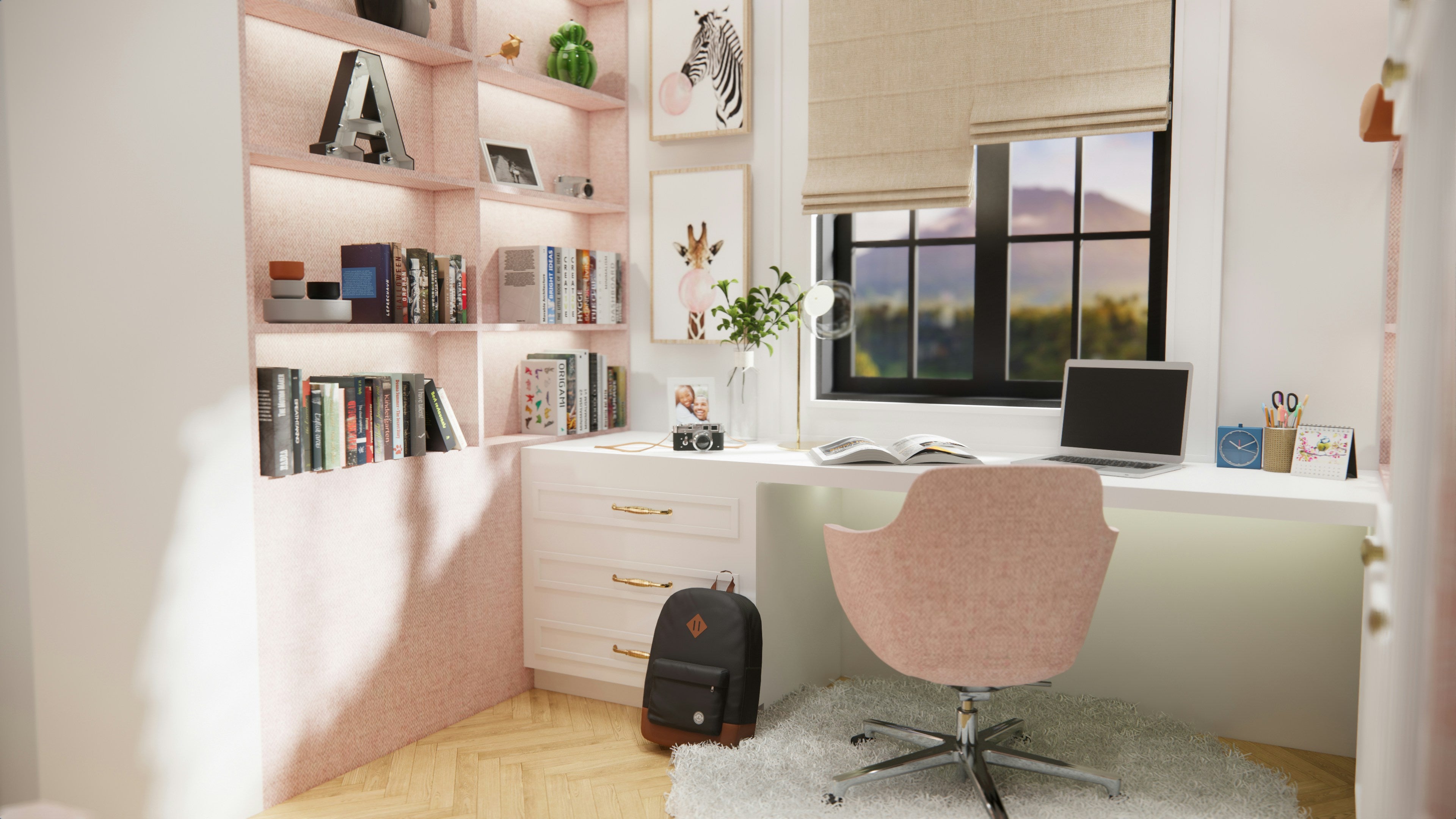 Modern home office with pink bookshelf, desk, and chair.